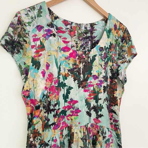 Peruvian Connection Tradewinds Dress L Large Floral Cap Sleeve Mint Green Midi - Picture 4 of 13